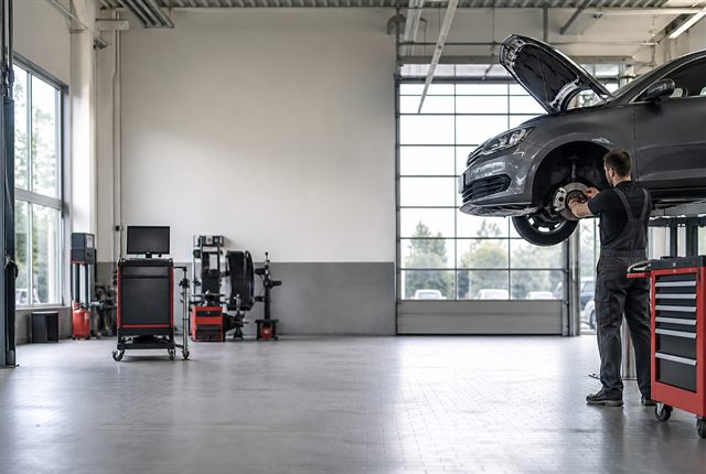 Mechaniker prüft Bremsen an einem Pkw