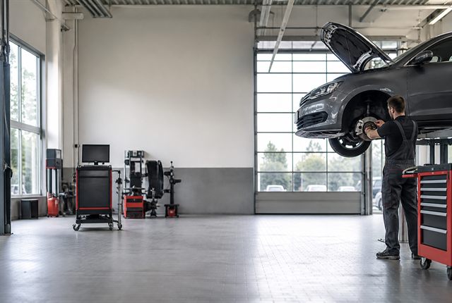 Mechaniker arbeitet in einer hellen KFZ-Werkstatt an einem Pkw